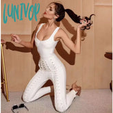 Lunivop Hot Women Winter Fashion Sexy V Neck Black White Eyelet Bodycon Bandage Jumpsuit Celebrity